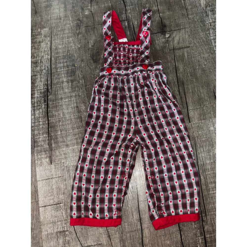 Vintage Carters Toddler Overalls Plaid Heart Print Red Green Made in USA 18M